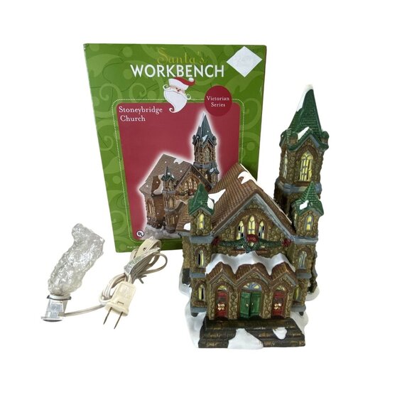 Santas Workbench Victorian Stoneybridge Church Lighted Christmas Village NEW - Picture 1 of 8